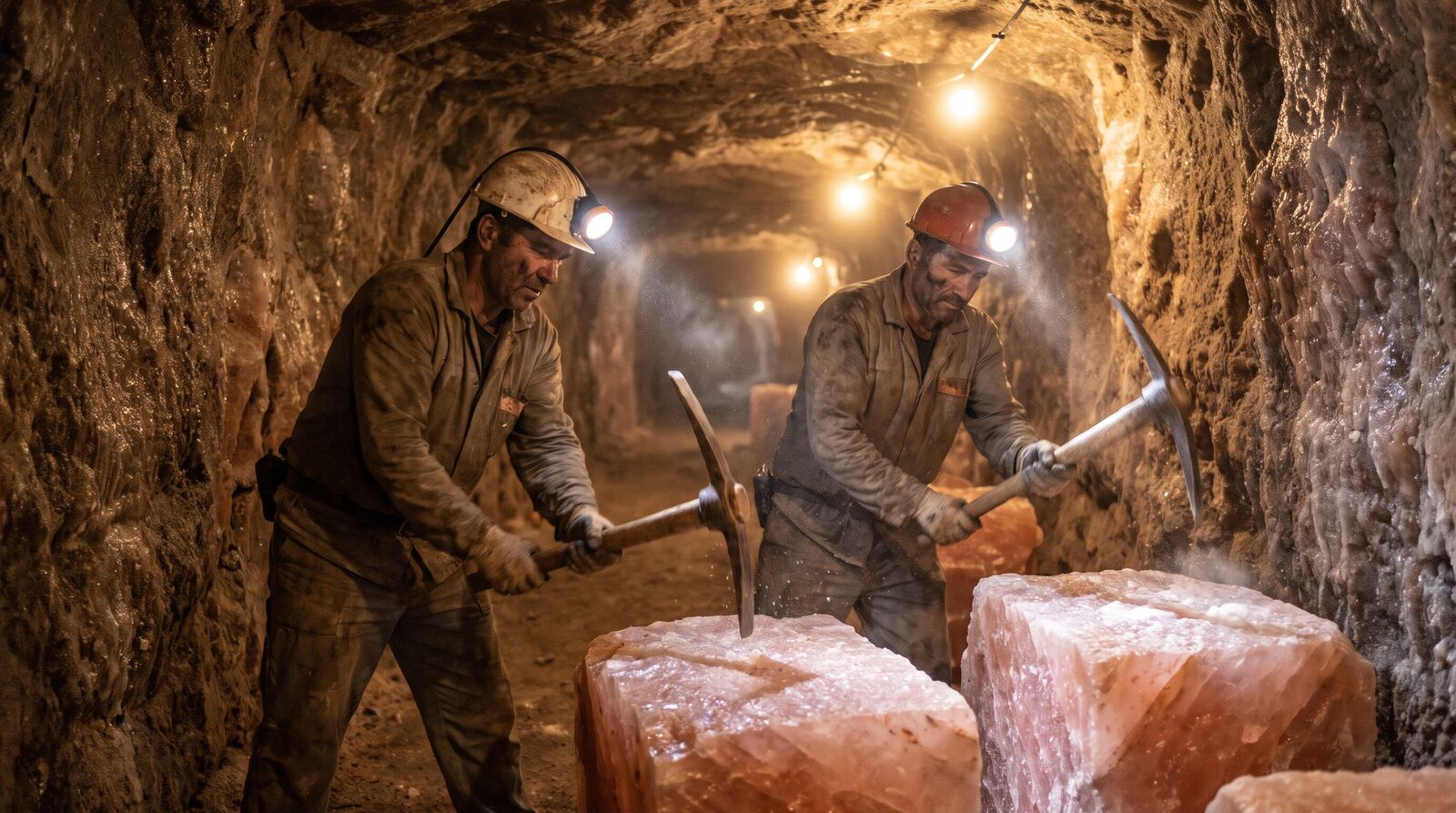 Bergleute lösen Salzblöcke in einem Salzbergwerk